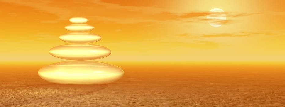 Balanced white stones upon the ocean and under a covering plant in an orange sunset background