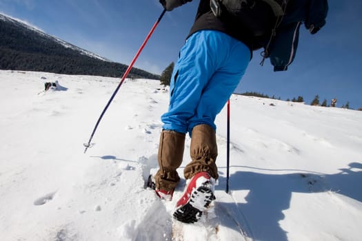 Hiker in winter in mountains