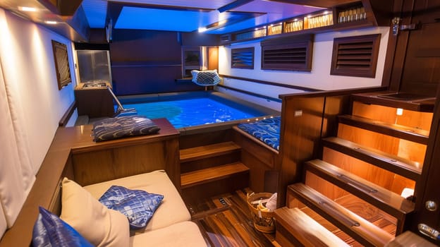 Luxurious indoor home swimming pool with elegant wooden decor.