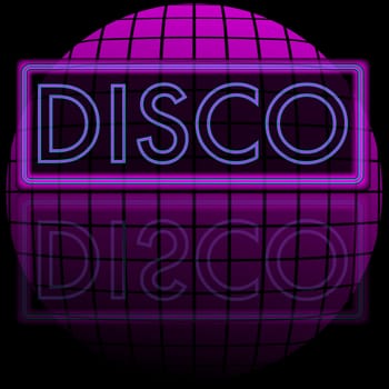 Glowing Disco Sign and Ball on Black Background