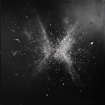Dynamic explosion of light and dark particles on black background.