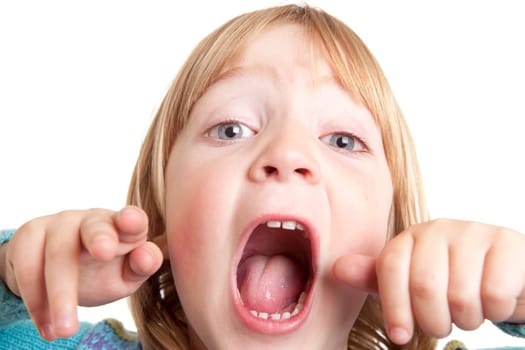 screaming child, kid yell or shout in anger isolated on white