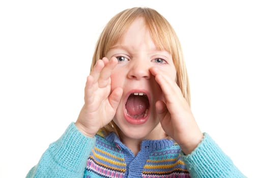 screaming child, kid yell or shout in anger isolated on white