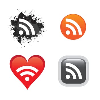 A collection of RSS feed buttons or icons for web design.