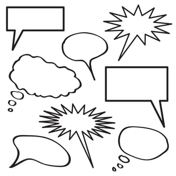 A collection of blank thought bubbles in black and white.