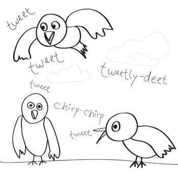 A collection of bird doodles isolated over white.
