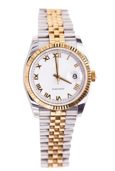 Expensive gold bevelled watch with white face and gold hands and numerals against white background