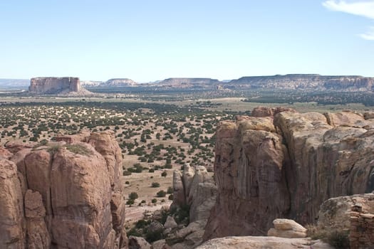 Enchanted Mesa is a sandstone butte in Cibola County, New Mexico, United States, about 2.5 miles (4.0 km) northeast of the pueblo of Acoma. It is called Mesa Encantada in Spanish and Katzimo or Kadzima in Keresan.