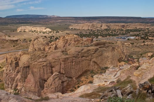 Enchanted Mesa is a sandstone butte in Cibola County, New Mexico, United States, about 2.5 miles (4.0 km) northeast of the pueblo of Acoma. It is called Mesa Encantada in Spanish and Katzimo or Kadzima in Keresan.