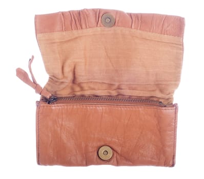 detail of a brown woman leather clutch isolated on white background