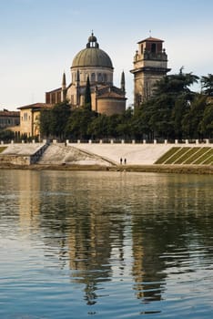 Postcard style shot of San George&#039 s Church with Adige River, Verona, Italy