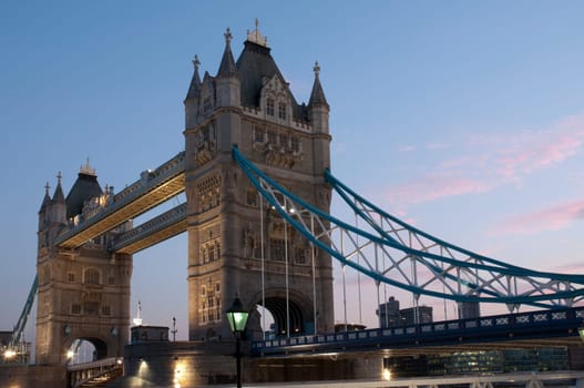Tower Bridge in London at dusk.