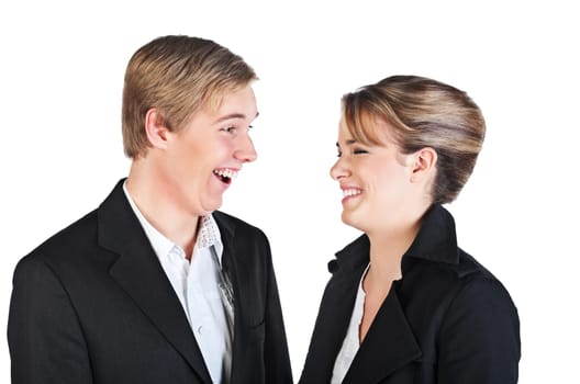 Happy young couple looking at each other  isolated on white background