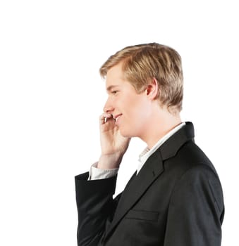 Smiling young handsome blond man with cellphone  isolated on white