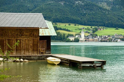 Lake Wolfgangsee in Upper Austria with wooden jetty