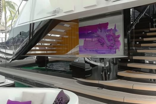 Luxury yacht interior with modern design and art.