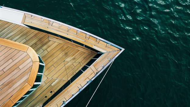 Luxury yacht deck overlooking calm ocean waters from aerial view.
