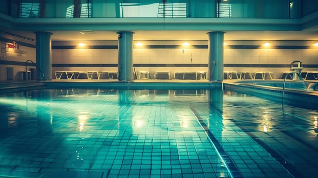 Indoor swimming pool with lounge chairs and ambient lighting in modern facility.