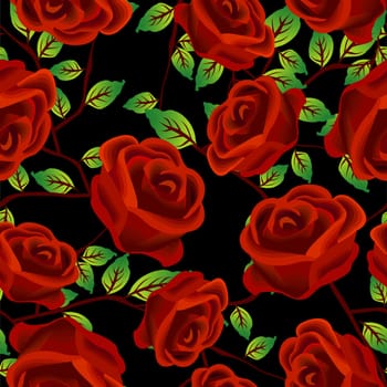 Seamless background design with stylized red roses over black