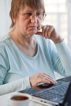 Elder woman working with laptop computer at home