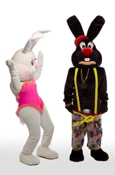 two mascot bunny costume - confused scene