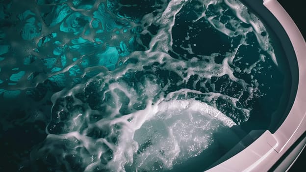 Bubbles and waves in jacuzzi hot tub with turquoise water.