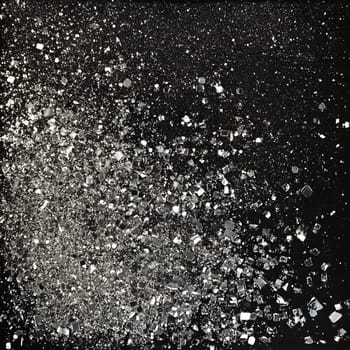 Shattered glass explosion with scattered fragments on black background.