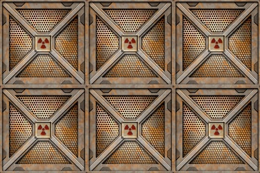 six radioactive storage crates piled up