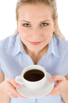 Cheerful young woman with coffee on white background