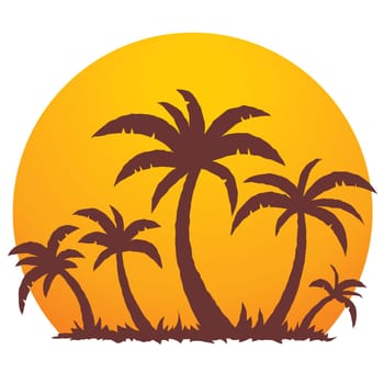 Vector illustration of a tropical sunset and palm trees on a small vacation island paradise.