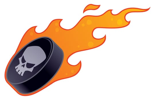Vector drawing of a flaming hockey puck with skull design.