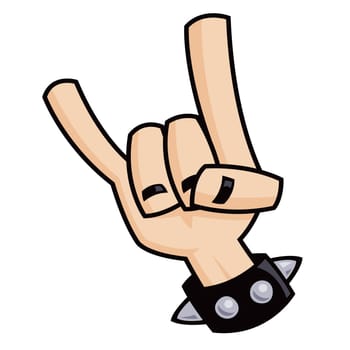 Heavy metal, rock and roll, devil horns hand sign with a black leather studded bracelet.