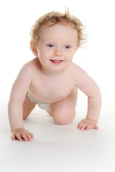 Cute baby in diaper crawling on white