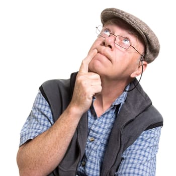 Expressive old man thinking isolated against white background.