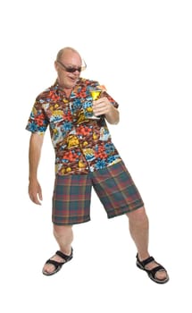 Expressive old man in loud shirt holiday concept isolated against white.