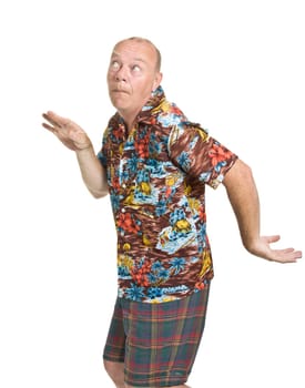 Expressive old man in loud shirt holiday concept isolated against white.