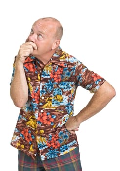 Expressive old man in loud shirt holiday concept isolated against white.