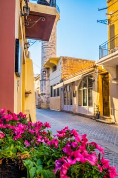 Scenic picturesque streets of Chania venetian town with coloful old houses. Chania greek village in the morning. Chanica, Crete island, Greece