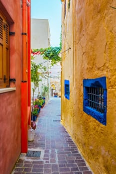 Scenic picturesque streets of Chania venetian town with colorful old houses. Chania greek village in the morning. Chanica, Crete island, Greece