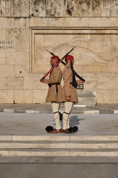 ATHENS, GREECE - MAY 20, 2010: Changing of the presidential guard Evzones in front of the Monument of the Unknown Soldier near Greek Parliament, Syntagma square, Athenes, Greece