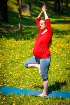 Pregnancy yoga exercise - pregnant woman doing asana vrikshasana tree pose outdoors on grass lawn with dandelions in summer