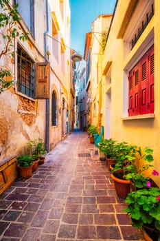 Scenic picturesque streets of Chania venetian town with coloful old houses. Chania greek village in the morning. Chanica, Crete island, Greece