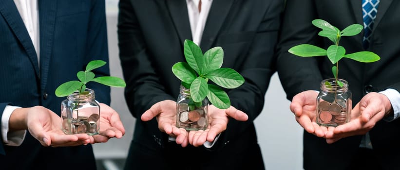 Business people holding money savings jar filled with coins and growing plant for sustainable financial planning for retirement or eco subsidy investment for environment protection. Quaint