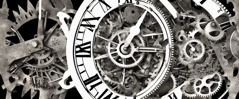 cogwheels in old clock illustration , time passing concept, generative ai art
