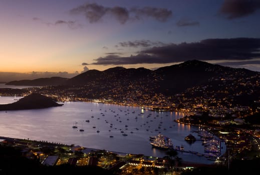 Aerial view of Charlotte Amalie Harbour in St Thomas at sunset