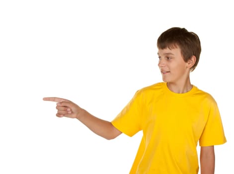 young boy pointing to white copyspace