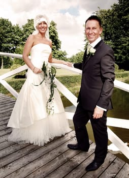 Wedding couple portrait. groom and bride marriage celebration. husband in suit and wife in wedding dress