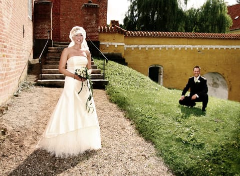 Wedding couple portrait. groom and bride marriage celebration. husband in suit and wife in wedding dress