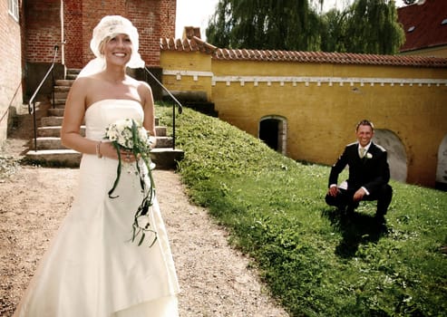 Wedding couple portrait. groom and bride marriage celebration. husband in suit and wife in wedding dress