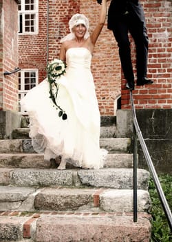 Wedding couple portrait. groom and bride marriage celebration. husband in suit and wife in wedding dress